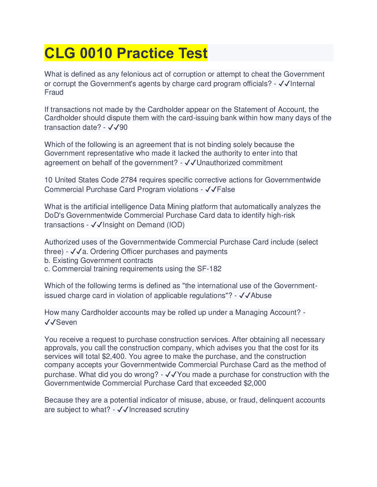 Defence Acquisition University CLG 0010 Test 60 Questions with 100